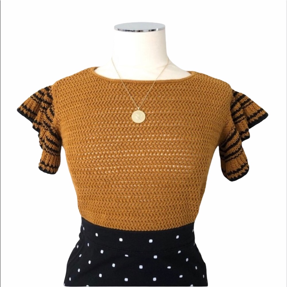 LOFT Mustard Brown Black Knit Flutter Sleeve Top Sz S Cotton Blend Short Sleeve